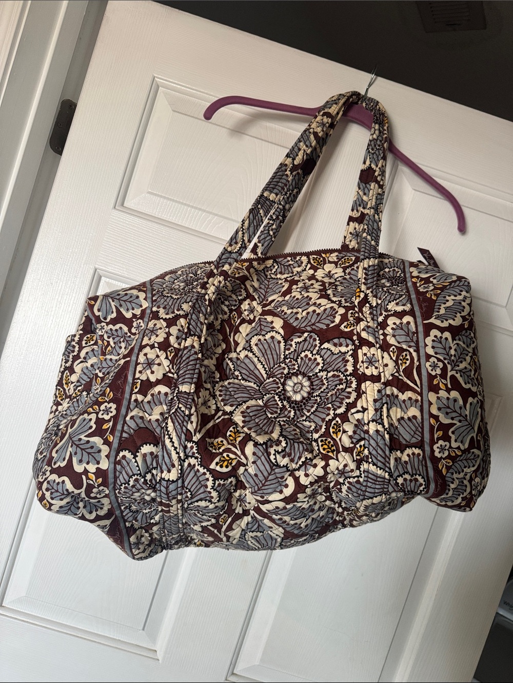 Quilted Floral Tote Bag in Brown Gray and Cream